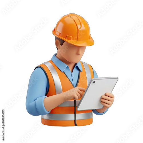 Construction worker in hard hat and safety vest using a tablet