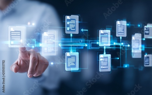 Digital Data Flow Concept with Person Interacting with Virtual Files