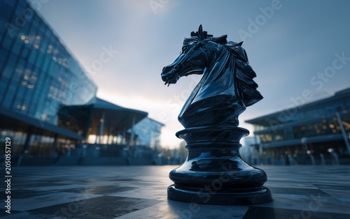 Modern Urban Setting with Large Black Chess Piece Sculpture in City Plaza