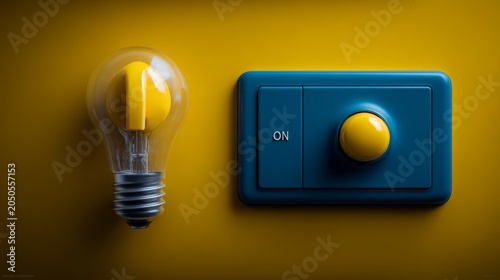 Modern blue and yellow light switch with illuminated bulb on vibrant yellow background