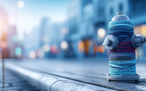Colorful Yarn Spool on Urban Sidewalk with Blurred City Background