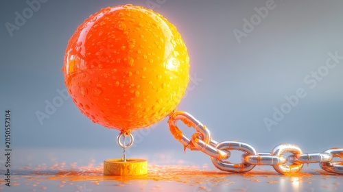 Bright orange sphere with water droplets attached to metallic chain and base