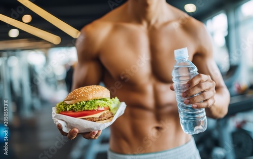Fit Man Holding Protein Water Bottle and Healthy Burger in Gym