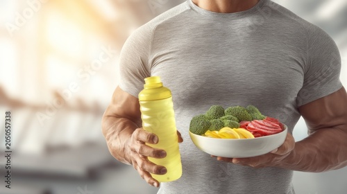 Man Holding Plate of Broccoli and Sliced Fruits with Water Bottle in Indoor Space