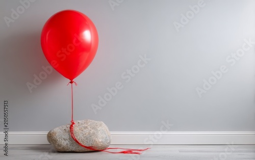 Red Balloon Tied to Rock on White Floor and Gray Wall Background