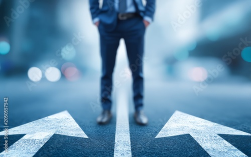 Businessman Standing at a Crossroad on a City Street with Directional Arrows