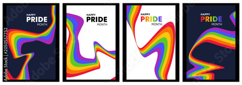 PRIDE month banner parades text isolated poster set, Rainbow or Pride Flag. Pride Rainbow Flag Wave Design Element, Celebrates pride ribbon roll make inclusive progress pride, Vector illustration