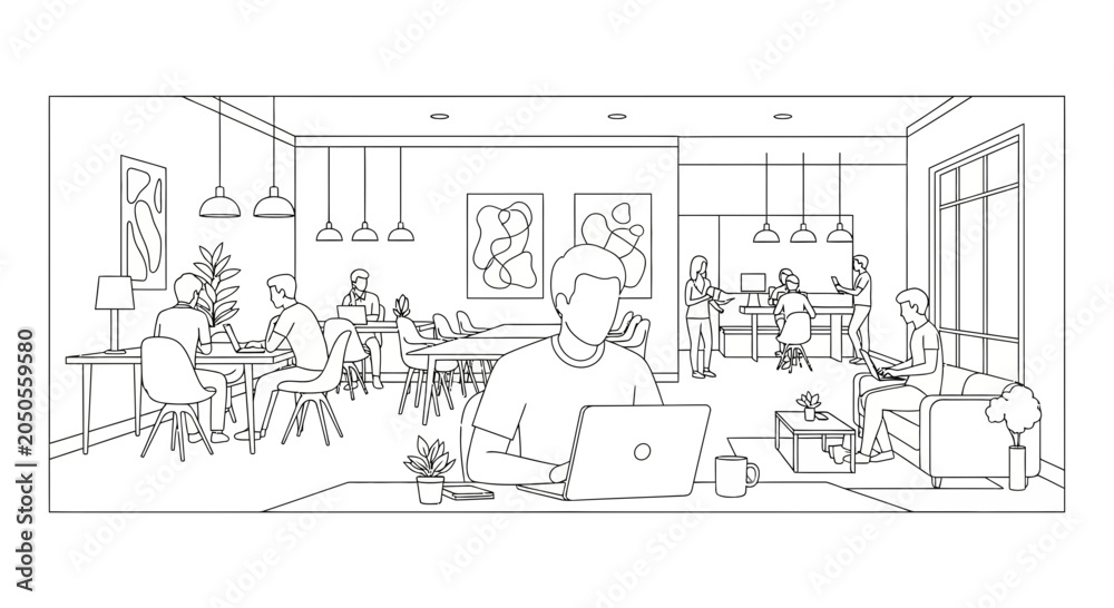 Obraz premium Modern Co-working Space with Diverse People Working on Laptops and Collaborating