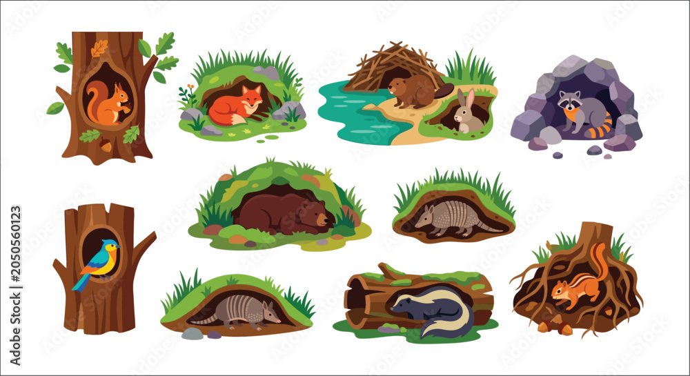 Fototapeta premium Animal dens and tree hollows colorful vector illustration with woodland creatures