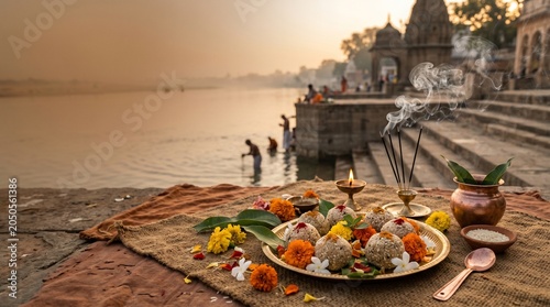 Pitru Paksha, ritual pind daan offerings arranged with flowers and incense smoke