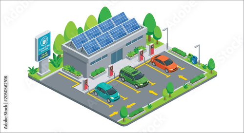 Foto Electric vehicle charging station with solar panels isometric vector illustratio