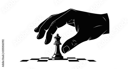 Bild auf Leinwand Giant Hand Grabs Chess Queen Piece on Board - Strategy Concept
