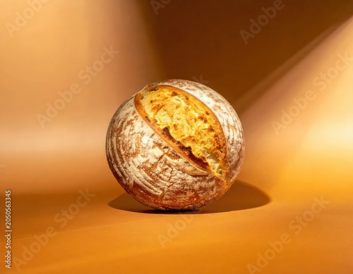 Artisan Round Bread on Warm Background with Light Shadows and Textured Surface