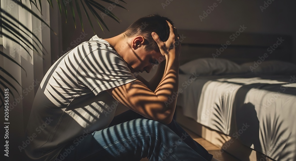 Obraz premium Man in striped shirt with hands on head, feeling stressed.