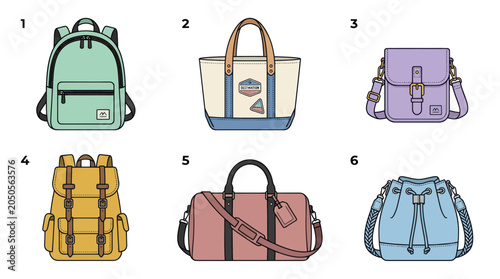 Collection of six diverse bags and backpacks, flat design, isolated on white