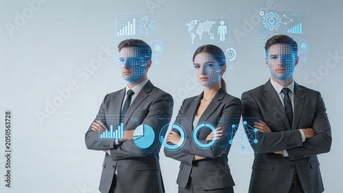 Business team of three professionals standing with arms crossed, digital data analysis hologram overlay, future technology concept, artificial intelligence and global network