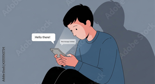 Foto Young boy engrossed in his smartphone receiving messages.