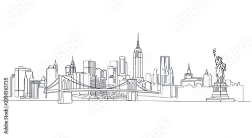New York City Skyline Sketch - Brooklyn Bridge, Empire State Building, Statue of Liberty