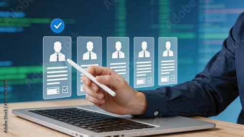Digital selection of candidate profiles on virtual screen, hand using stylus to choose employee, human resources recruitment concept, hiring process, team management, digital