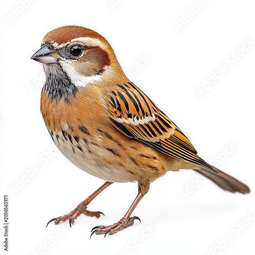 Detailed Closeup of a Small Brown and Tan Bird on White Background