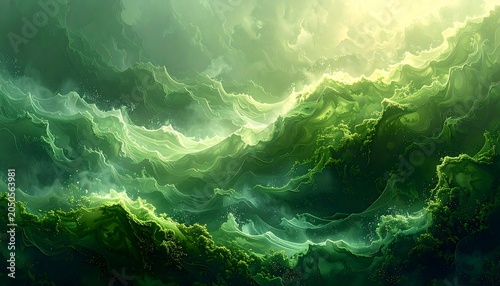 An ethereal vista of rolling green waves or mountains bathed in a radiant, golden light filtering through a cloudy sky