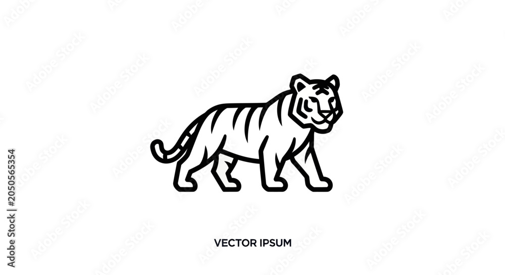 Obraz premium Simple, bold black and white tiger outline walking right. Vector-based design, white background