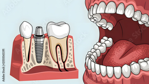 An illustration of a dental implant and healthy teeth in a human mouth