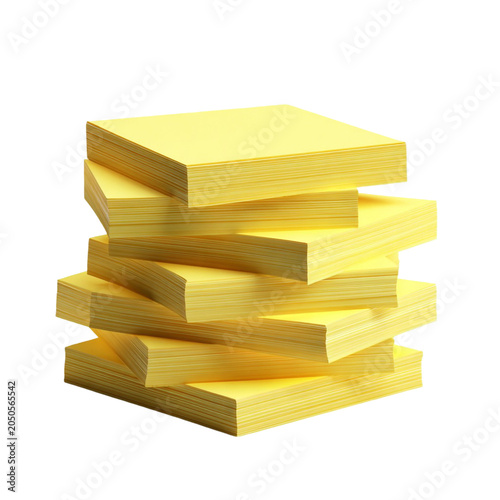 Stack of yellow sticky notes office stationery isolated on a transparent background