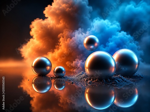 metallic spheres floating in dramatic orange blue cloudscape