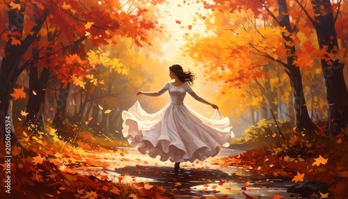 An ethereal woman twirls happily in a forest during autumn. Sunlight filters through the colorful foliage