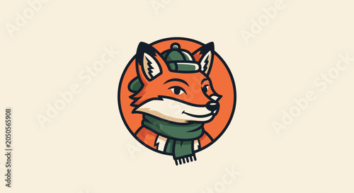 A cartoon fox wearing a green hat and scarf, inside an orange circle