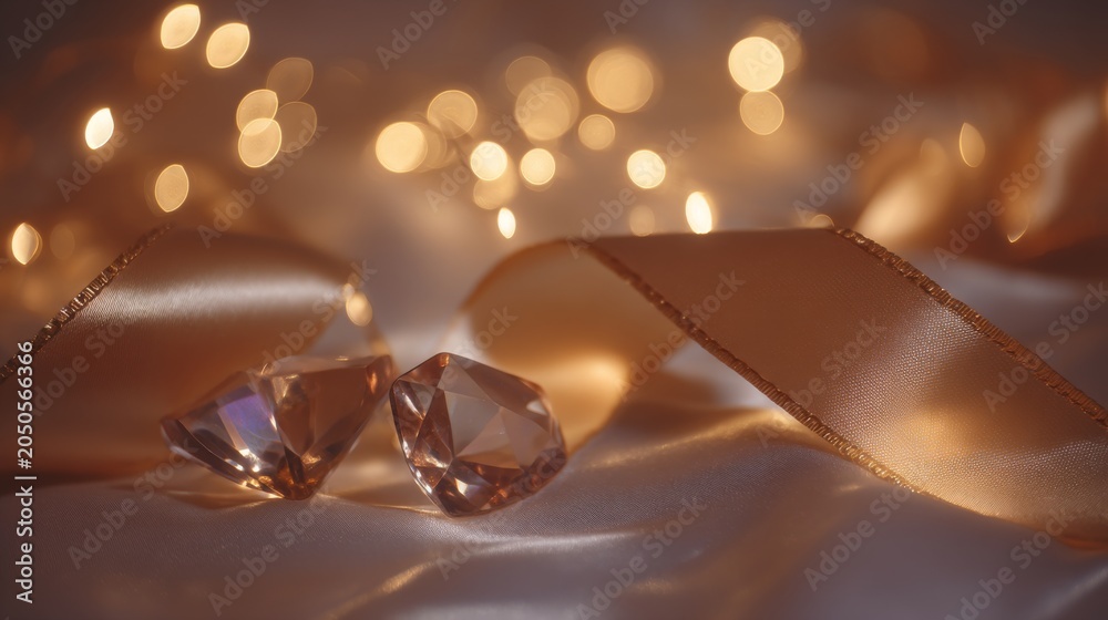 Obraz premium Elegant gemstones and soft satin ribbon with golden bokeh lights in the background, creating a luxurious and romantic atmosphere for celebrations.