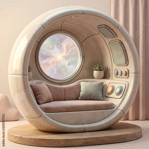 Cute 3D Clay Spaceship Capsule Interior with Pastel Galaxy View