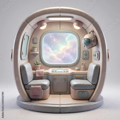 futuristic spaceship capsule interior, round window showing a pastel galaxy
