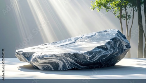 Stone slab with marble-like texture, bathed in sunlight, set against trees