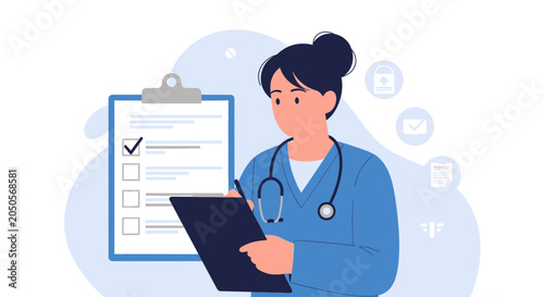 Medical Professional With Clipboard And Stethoscope, Health Checklist Concept