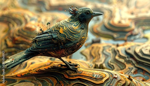 Stylized bird with textured plumage perched on a swirling landscape