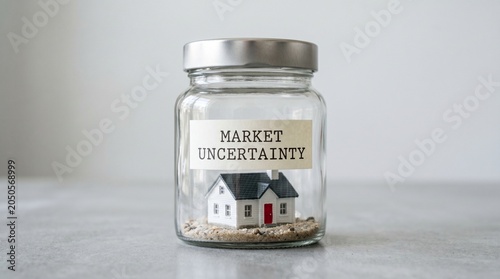 Miniature house encased in a jar symbolizing market uncertainty with sand background