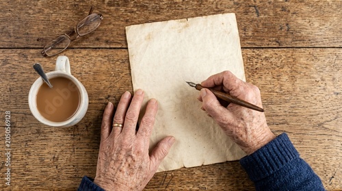 An elderly person's hands delicately write on a vintage parchment accompanied by a warm cup of coffee and reading glasses on a rustic wooden table
