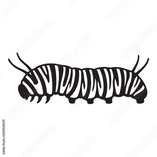 Monarch Caterpillar Glyph Icon Black Silhouette Banded Tentacles Flat Design Vector