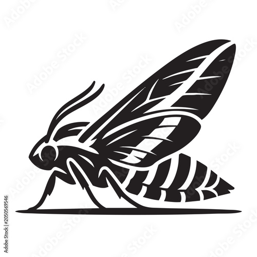 White-Lined Sphinx Moth Resting Glyph Icon Black Silhouette Striped Body Flat Design Vector