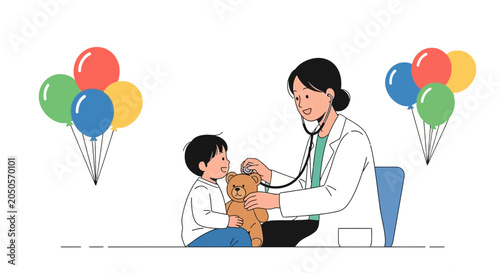 Doctor examining a child with teddy bear, colorful balloons, medical check-up