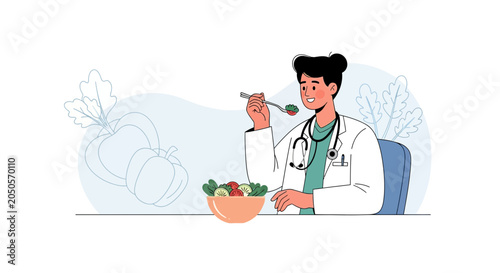Doctor eating salad, healthy lifestyle, nutrition advice, medical consultation