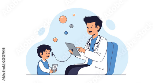 Doctor Examining Child with Phone, Healthcare Illustration