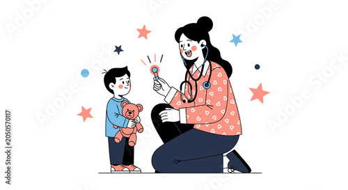 Doctor examining child with teddy bear, pediatric care, friendly medical checkup