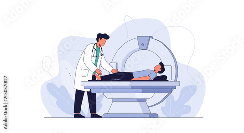 Doctor examining patient in MRI scanner, medical diagnostic procedure illustration