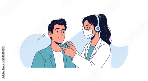 Doctor examining patient's throat with medical device, illustration