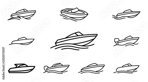 Photos Set of Speedboat Icons, Line Art Motorboats on Water, Vector Collection
