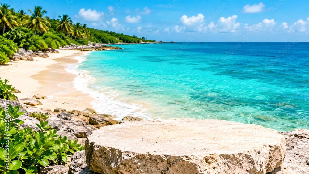 Fototapeta premium Tropical Paradise Beach breathtaking view of a pristine tropical beach with crystal-clear turquoise waters, white sand, lush green palm trees.