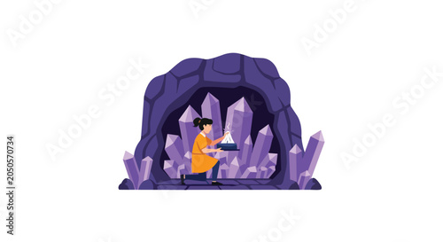 Female researcher working on a laptop inside a glowing purple crystal cave exploring underground minerals and gems illustration